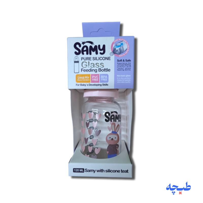 -شیشه-اییSAMY-با-سر-پستانک-سیلیکونی.jpg شیشه شیر شیشه ای سامی SAMY با سر پستانک سیلیکونی 120 میل - Image 1